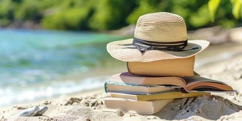 A stack of books and a hat on a sandy beach with a body of water in the background.