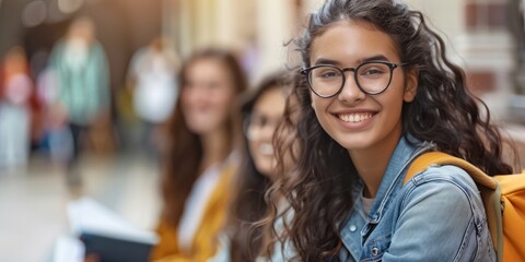 A young girl with long, curly hair and glasses smiling, wearing a denim jacket and carrying a backpack, standing in a hallway with other students in the background.