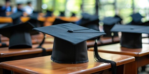 Graduation hats on desks in a classroom with students in the background