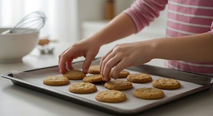 A closeup of a girl’s hands placing cookies on a baking tray, background softly showing a kitchen counter with a mixing bowl and whisk, homey and intimate, 