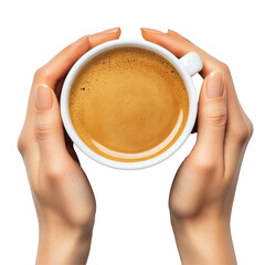 Warm coffee cup held by womans hands from above on a clean white surface, Womans hands holding a cup coffee top view isolated on Transparent background