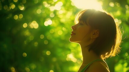 Young woman runner in a green forest, sunlight through trees, vibrant and serene.
