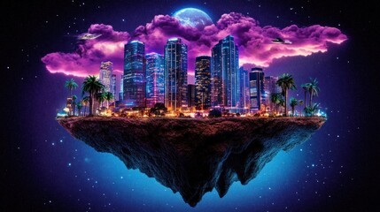 A futuristic city floats among the vibrant night sky environment