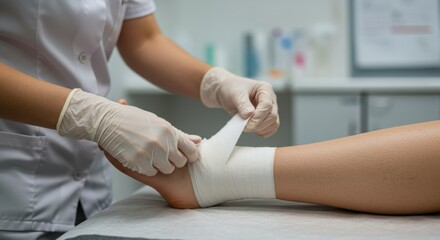 Medical professional applying a bandage to a patient's ankle in a clinic healthcare setting close-up view injury treatment