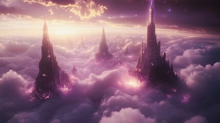 Majestic fantasy city towers emerging above soft fluffy clouds