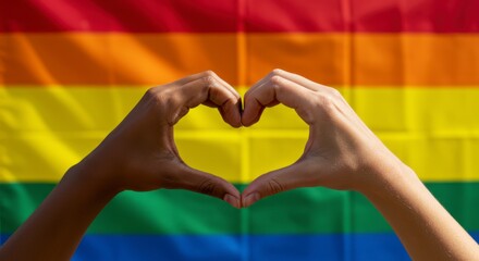 Fototapeta premium Celebrating love and diversity hands forming heart shape against rainbow flag lgbtq+ pride event outdoor close-up community spirit