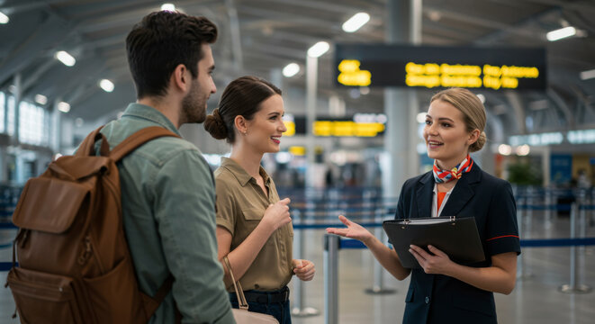 Travel guidance interaction airport terminal customer service modern environment close-up view enhancing travel experience