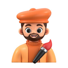 3D Artist Avatar Icon wearing a beret and holding a brush. Great for creative profiles, art apps, and digital design platforms.