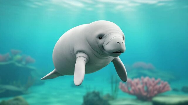 A gentle manatee gracefully swims through the turquoise waters, surrounded by vibrant coral reefs, copy space.