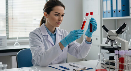 Scientific experiment in laboratory female scientist analyzing blood samples modern research facility close-up view medical research