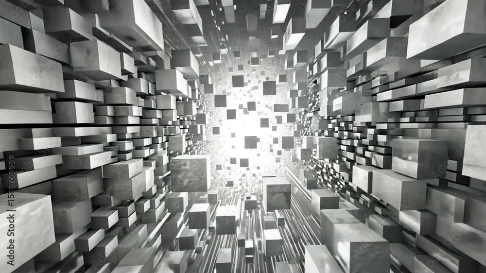 Poster dynamic abstract design gray cubes in 3d space creating depth and movement with light for mesmerizin