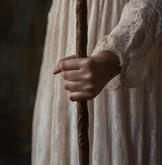 Serene Solitude: A tender moment unfolds, showcasing a delicate hand gracefully gripping a meticulously carved wooden staff, symbolizing resilience and inner strength.