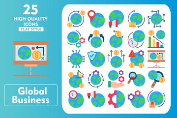 Fototapeta premium Global Business Flat Icon Set. Incleded Icons Money Transaction, Global Security, Human Resources, World, Time Zone, Global Marketing. Vector Icons Collection