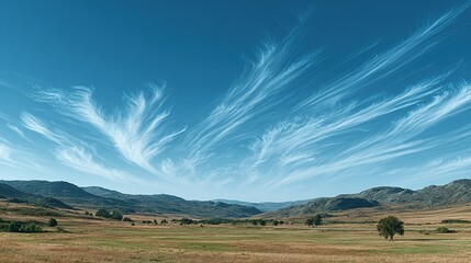 Obraz premium A dramatic sky with wispy clouds over a vast, dry landscape.