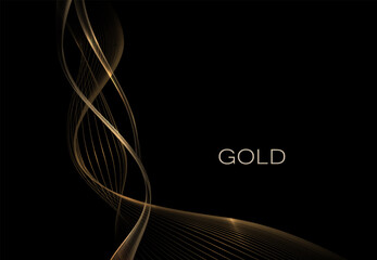 Isolated design element, exquisite wavy golden figure on black background.