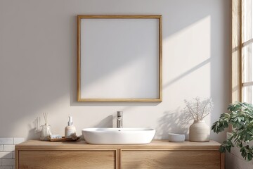Minimalist bathroom with light wood vanity, a white sink, framed artwork, and subtle decor bathed in sunlight