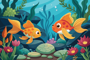 Fototapeta premium Two goldfish swimming in underwater paradise