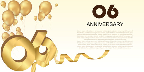 Elegant golden 6th anniversary design with balloons, large numbers, and ribbon—perfect for celebrating milestones or creating festive greeting banners.	
