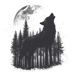 Howling wolf silhouette in a pine forest with full moon isolated on transparent PNG