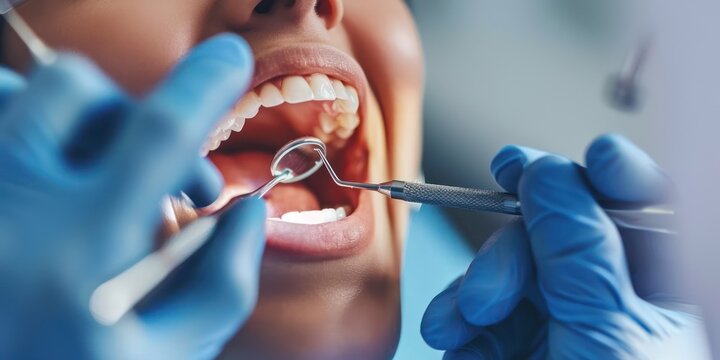 A woman with long hair and a blue shirt is sitting in a dentist's chair with her mouth open, showing her teeth, while a dentist in blue gloves uses dental tools to examine her teeth.