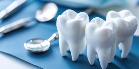 Three white teeth on a blue surface with dental tools in the background.