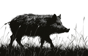 Wild boar silhouette in tall grass at night isolated on transparent PNG