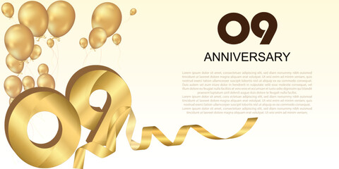 Elegant golden 9th anniversary design with balloons, large numbers, and ribbon—perfect for celebrating milestones or creating festive greeting banners.	