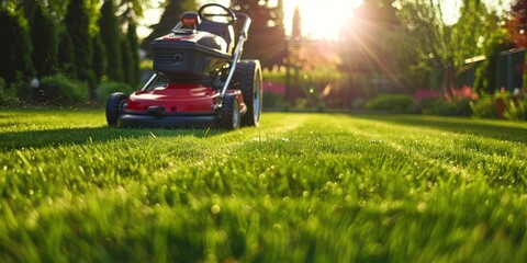 A red and green lawn mower on a lush green lawn with a sun shining through the trees in the background.