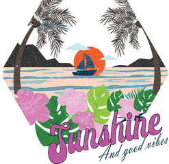 Sunshine and Good Vibes – Retro Hexagon Beach Sunset Vector for Trendy Summer T-Shirts.
 Hexagonal sunset design with palms and quote, perfect for retro-style t-shirt collections.