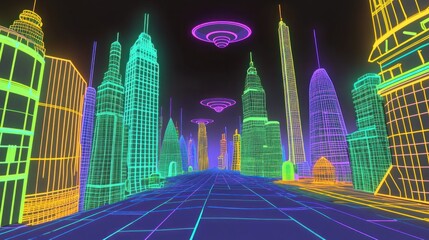 Futuristic cityscape with vibrant buildings and illuminated flying objects