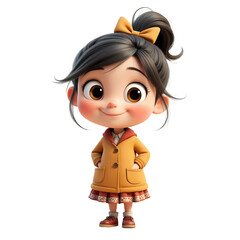 A cartoon girl with a yellow bow in her hair wearing a brown coat and a patterned skirt standing up isolated on transparent background
