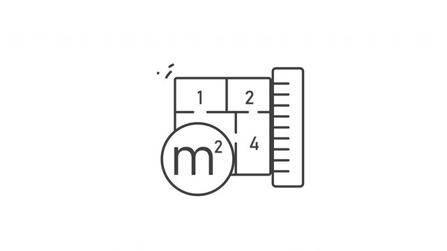 Room area linear animation. Floor plan with square meter measurements. House project. Furniture arrangement. Seamless loop HD video with alpha channel on transparent background. Animated outline icon