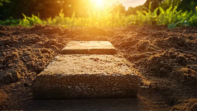 Sunlit path of stepping stones in tilled earth