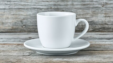 Obraz premium A white coffee cup and saucer on a wooden surface.