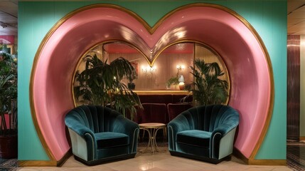 Two teal armchairs sit in a heart shaped pink alcove
