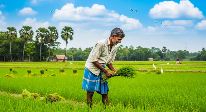 Bangladeshi Farmer in Lungi Working in Paddy Field Under Blue Sky &ndash; 16:9 Rural Scene