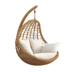 Obraz premium Relaxing hanging chair with cushions on a Transparent background for peaceful indoor and outdoor lounging, Relaxing Hanging Chair Isolated on PNG background