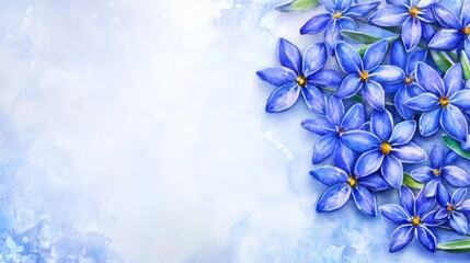 Beautiful watercolor painting depicts a collection of vibrant blue flowers