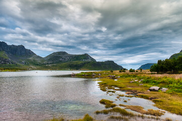 Fototapeta premium Napp is a small fishing village located in Flakstad Municipality in Nordland county, Norway.