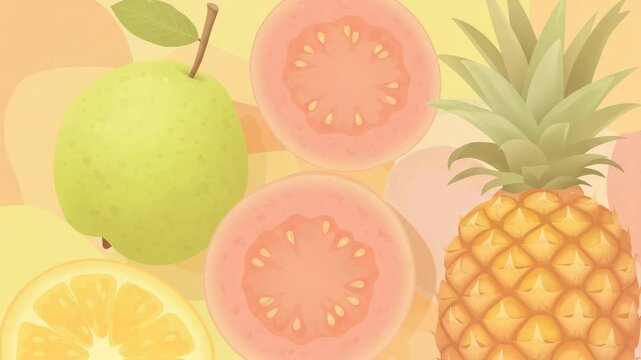 Various vibrant fruits, including pineapple, guava, orange, and halved guavas, are displayed against a light yellow backdrop in this illustration