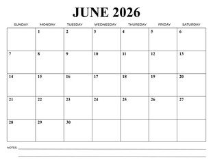 Monthly Calendar Vector Design June 2026