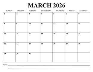 Monthly Calendar Vector Design March 2026