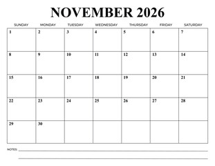 Monthly Calendar Vector Design November 2026