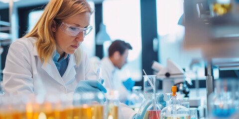 A woman in a lab coat and gloves working in a laboratory.