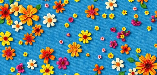 Seamless floral denim pattern, blue jeans texture with scattered flowers, stylish, illustration