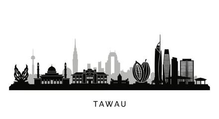 Naklejka premium Tawau Skyline Black Vector Silhouette.