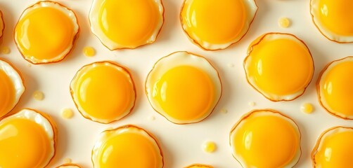 Seamless pattern of cute yellow fried egg yolks on white background, sunny, element