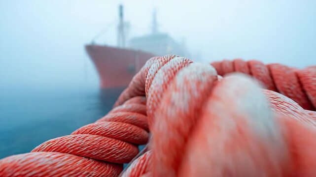 Close up of thick orange rope with blurred ship in foggy background