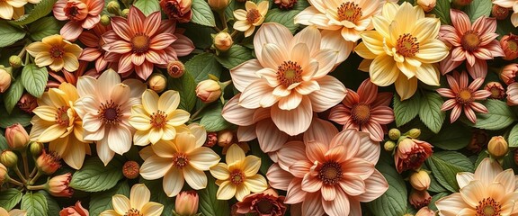 Seamless spring floral pattern; vintage blooms in green and brown tones, featuring ample empty space, artwork, muted