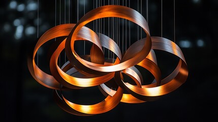 Abstract sculptural light fixture with intersecting metallic copper rings